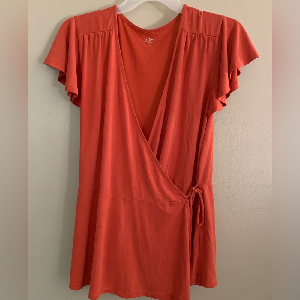 Loft Brand Tie Wrap Top with Short Flutter Sleeves